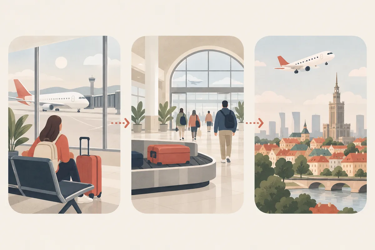 Illustration: three route cards - a departure lounge in a third country, arrival in the visa-issuing country and a domestic flight to Warsaw.