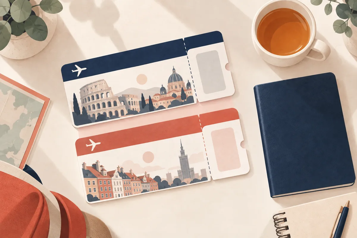 Illustration: two separate boarding passes - to Italy and to Poland - on a table beside a passport and a cup of tea.