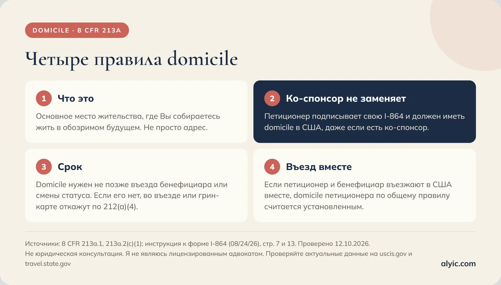 Четыре правила domicile: это основное место жительства на обозримое будущее; ко-спонсор не заменяет domicile петиционера; domicile нужен не позже въезда бенефициара или смены статуса, иначе откажут по 212(a)(4); если петиционер и бенефициар въезжают вместе, domicile по общему правилу считается установленным.