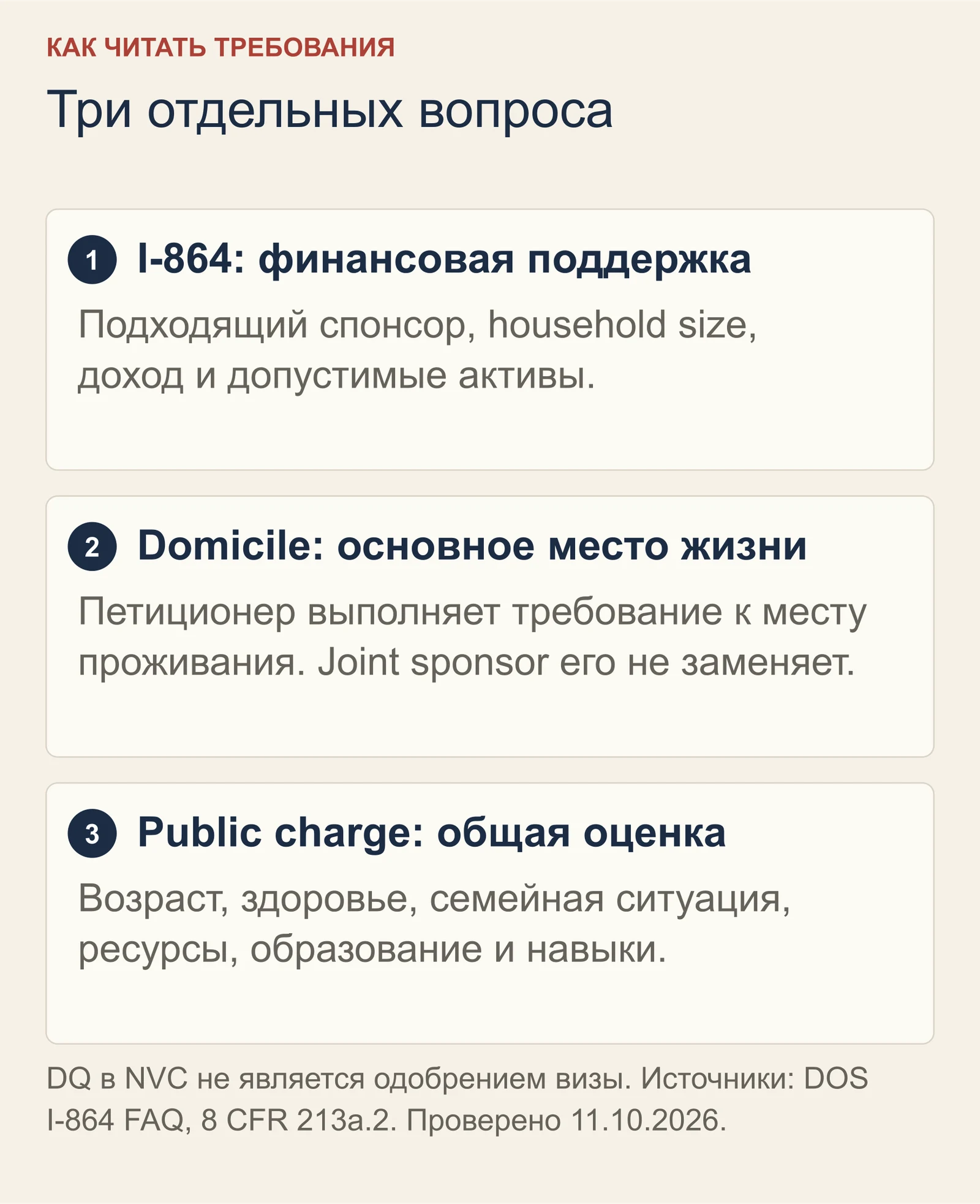 Три отдельных вопроса: соответствует ли I-864 требованиям, выполнено ли требование domicile и что показывает общая оценка public charge.