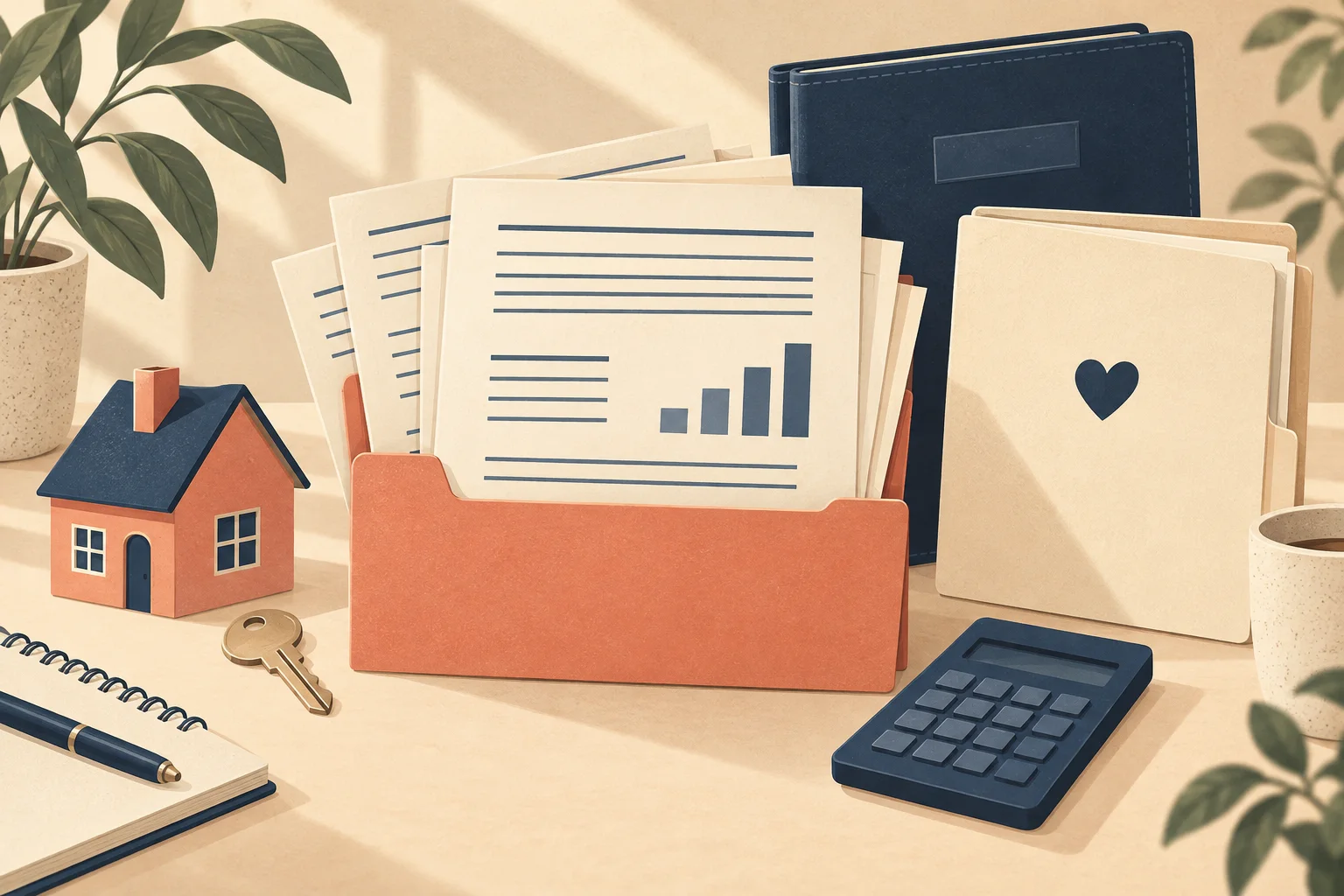 Financial papers beside a model house, key, calculator and folders for work and health coverage records.
