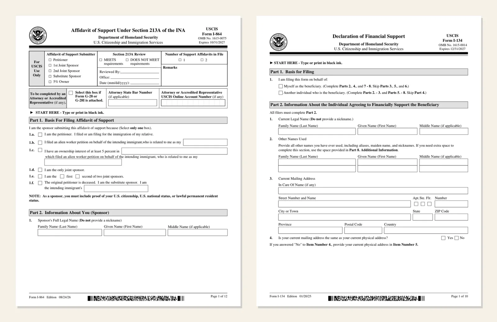 The first pages of Forms I-864 and I-134.