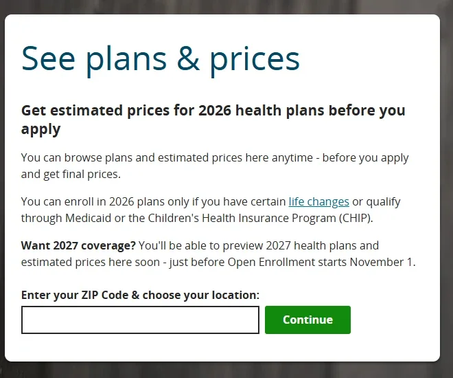 The See plans & prices page on HealthCare.gov with its ZIP code box.