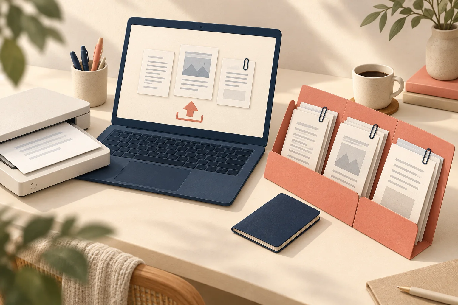 A laptop with a document upload symbol beside a scanner and a folder of paired paper documents.