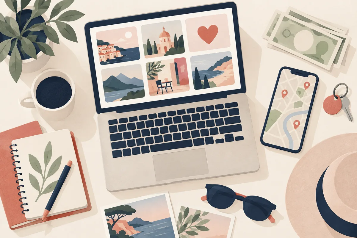 Illustration: a laptop showing accommodation photos, a phone with a map, cash and a key on a table.