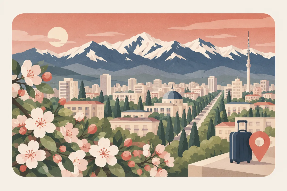 Illustration: Almaty at the foot of snow-capped mountains, apple blossom in front, a suitcase and a map pin.