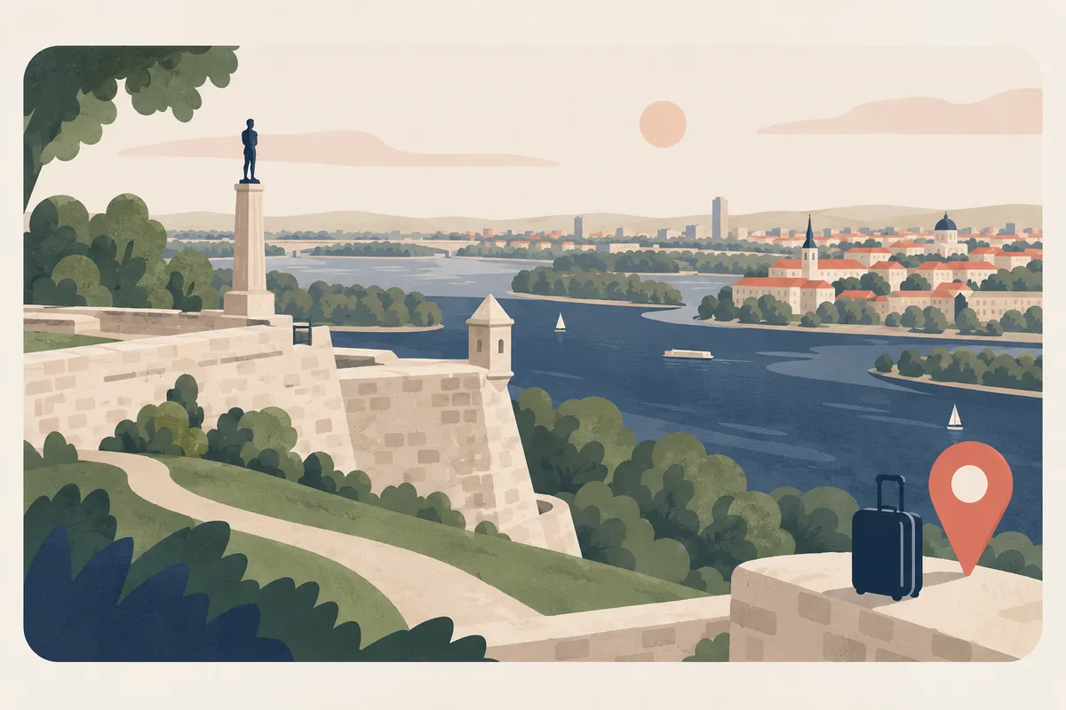 Illustration: old fortress walls on a hill above the meeting of two rivers, city rooftops on the far bank.