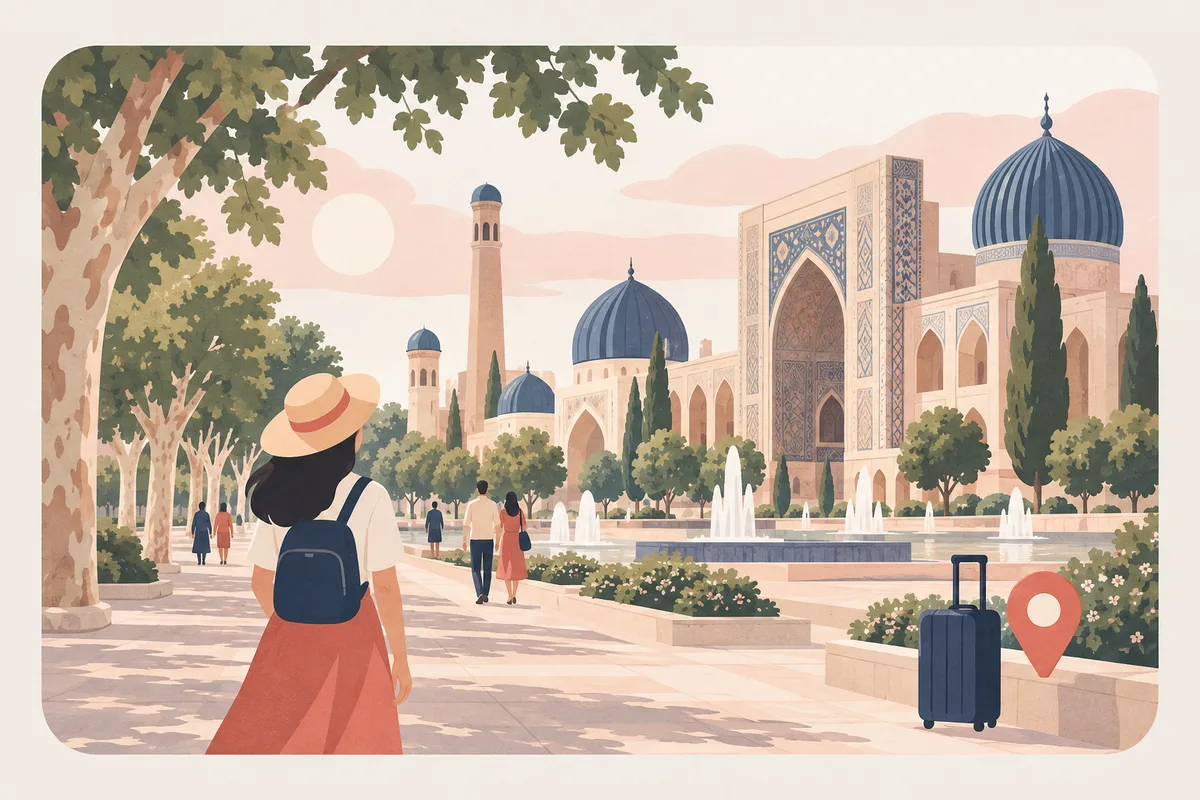 Illustration: buildings with blue domes and arches, a boulevard with plane trees and fountains, a traveller with a backpack.