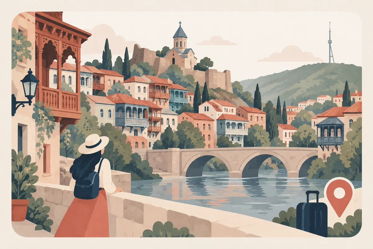 Illustration: old Tbilisi houses with carved balconies on a hillside above a river, a stone bridge and a church on the hill.