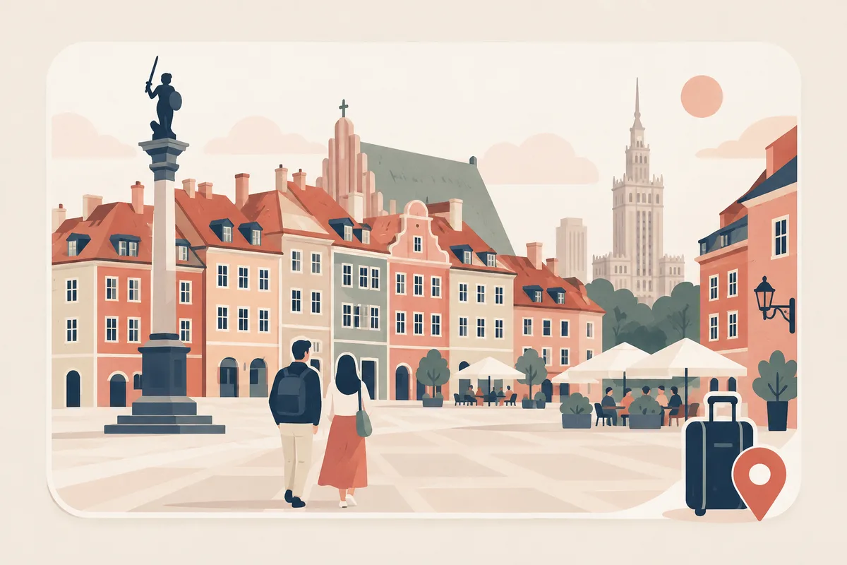 Illustration: Warsaw Old Town with colourful houses and a tall spire tower in the distance, a suitcase and a map pin.