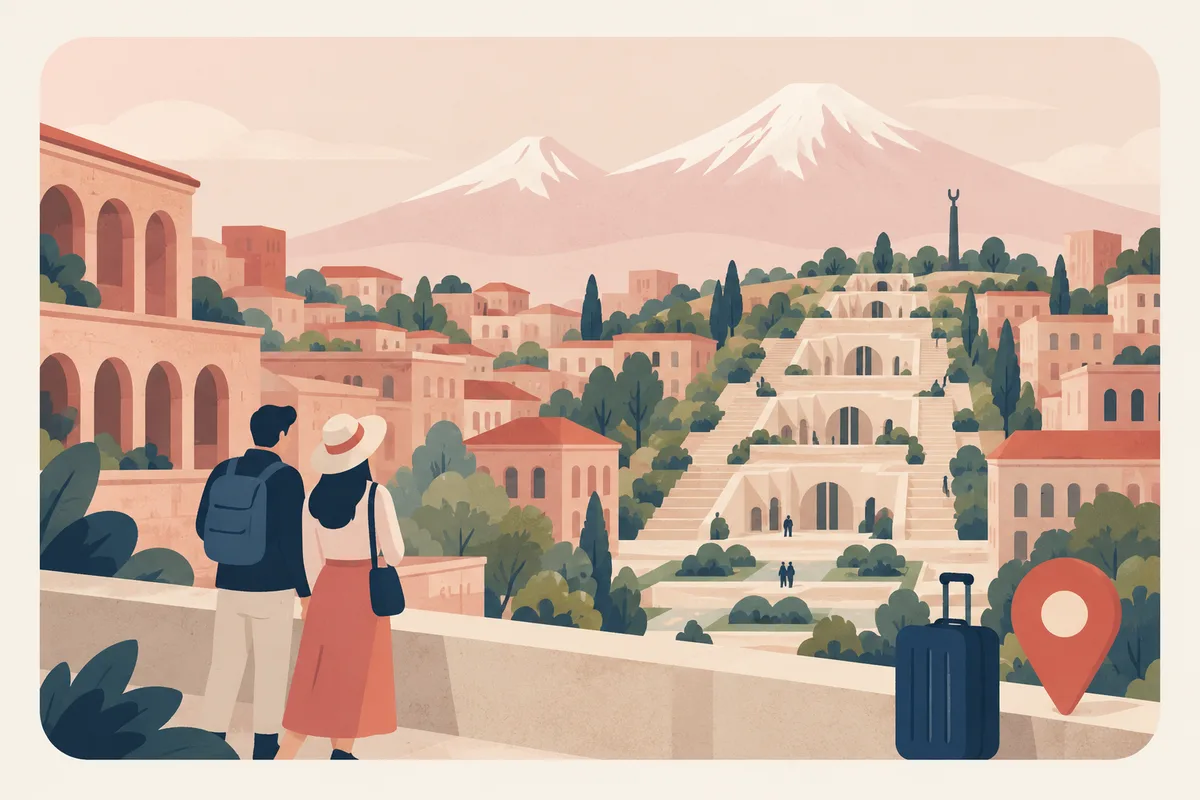 Illustration: pink-stone Yerevan with a stepped cascade and a two-peaked snowy mountain on the horizon, two travellers looking on.