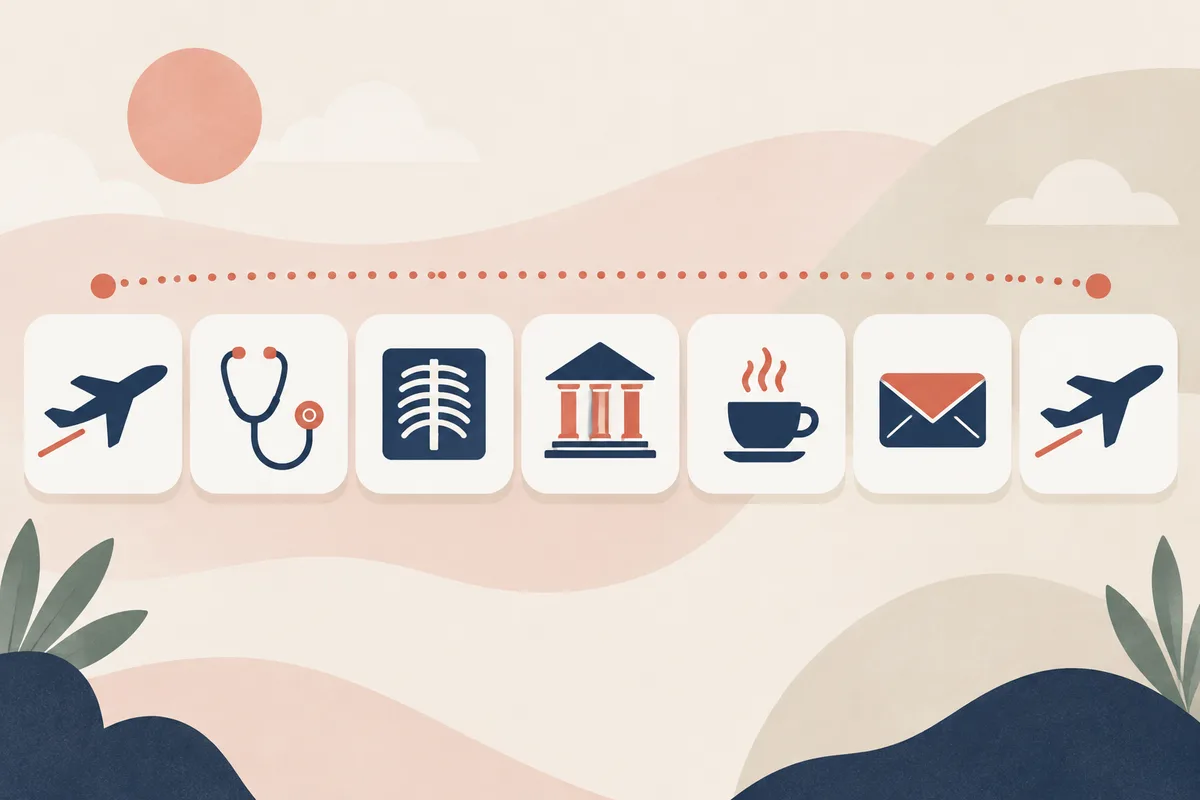 Illustration: a row of seven tiles with trip icons - plane, medical exam, X-ray, embassy, waiting, letter and the plane home.